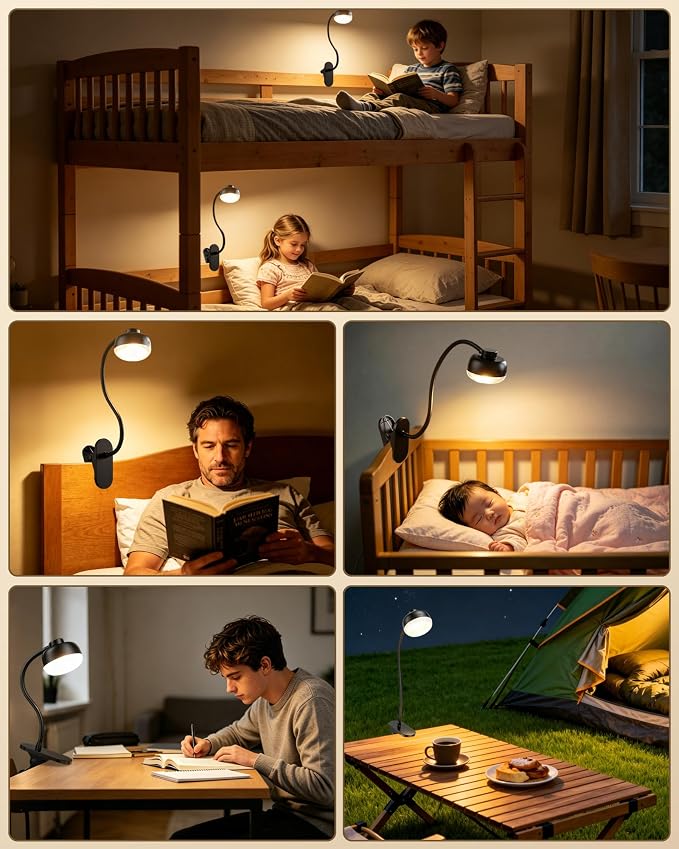 Pebble-Shaped Clip on Reading Light with Detachable Lamp Head, 5000mAh Rechargeable Battery, 360° Ambient Glow, Remote & Timer, Stepless Dimming, 12inch Gooseneck Clamp Lamp for Bed Headboard & Desk