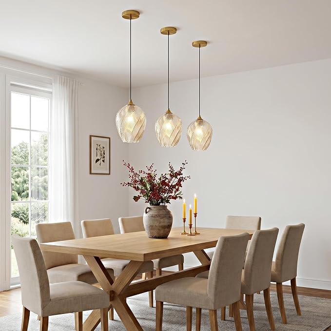 Amber Glass Pendant Lights Kitchen Island Gold Hanging Ceiling Light 8" | 1 Pack, Adjustable height, Dimmable, E26 bulbs, Rust-resistant Damp Rated For Bathrooms, 5-Year Warranty, UL Certification