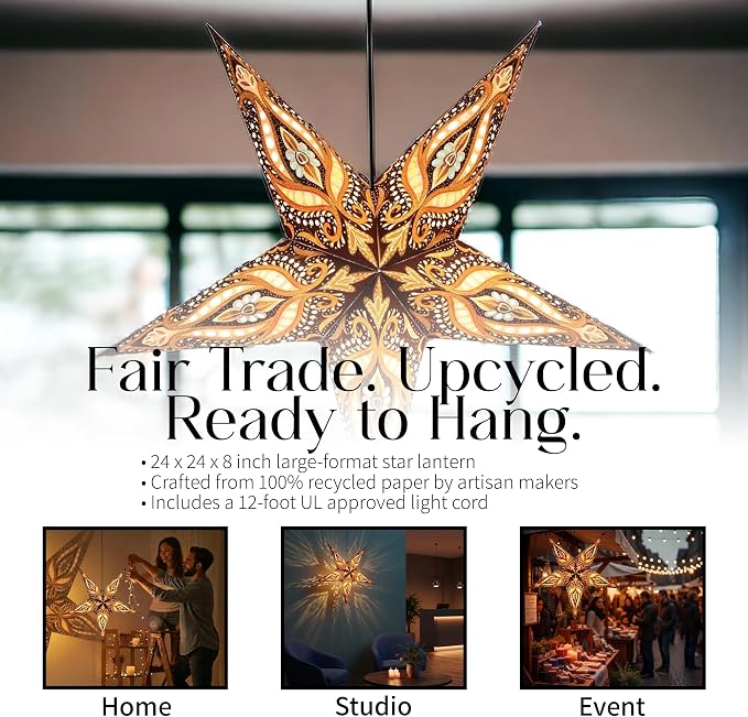 Paper Star Lantern 24 Inch - Recycled Boho Lamp Tiger's Eye | Artisan-Made in India with 12-Foot UL Approved Cord, Warm Ceiling Accent for Living Rooms, Bedrooms, Studios, and Events