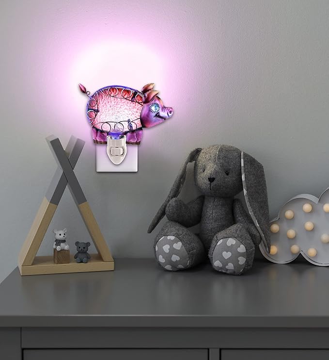 Puzzled Glass Pig Night Light - Decorative Glass Art Animal Night Light for Kids with On and Off Switch, Cute Lamp for Nursery Room, Perfect Plug in Boys and Girls Night Decorations for Bedroom Light