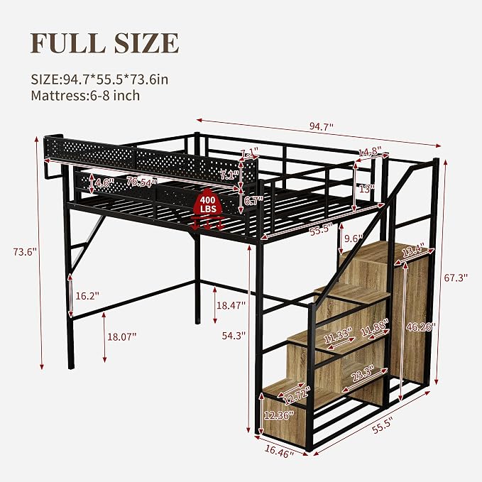 Full Size Metal Loft Bed with Storage Stairs, Wardrobe & Charging Station | Storage Shelve,Convertible Staircase,LED Lights, Solid Wood Stairs, Safety Guardrail, Noise-Free, No Box Spring Needed