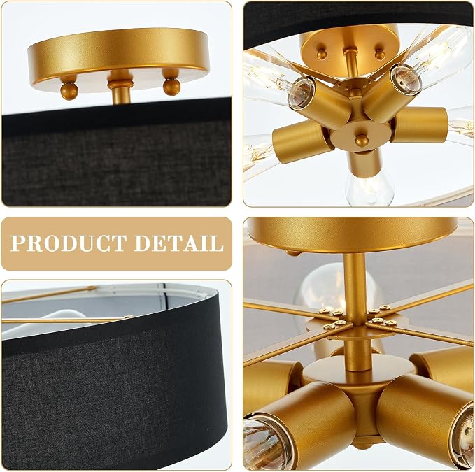 VILUXY Black and Gold Semi Flush Mount Ceiling Light Fixture, 24’’ Large Modern Ceiling Light with Linen Fabric Shade 5-Light Drum Ceiling Lamp for Bedroom Living Dining Room Enteyway