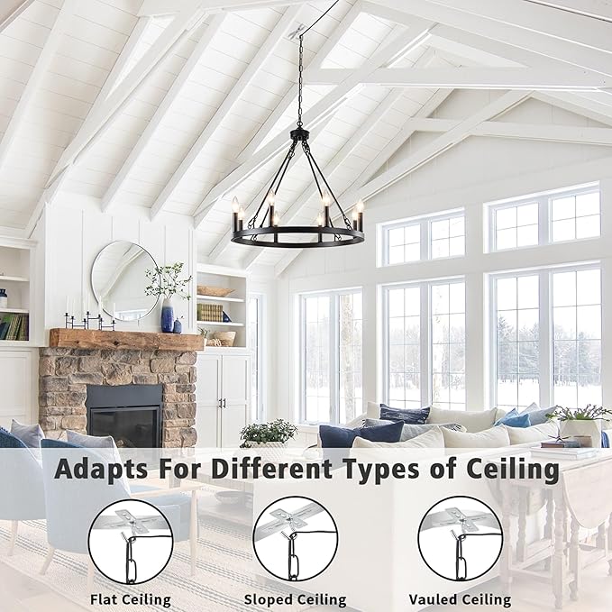 LASENCHOO Plug in Wagon Wheel Chandelier 8 Lights Dia 23.6" Black Round Farmhouse Chandeliers for Dining Room Light Fixture, Hanging Lights with Plug in Cord 16.4ft & Switch for Gazebo Hallway Foyer