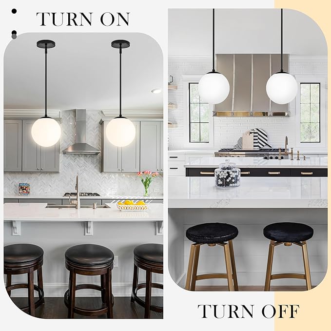 8" Globe Pendant Light Black 2 Pack Mid Century Pendant Light Globe Pendant Lights Kitchen Island Matte Black Finished with Milk Glass Adjustable Ceiling Light Fixtures for Dining Room Bar