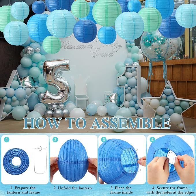 Treela 48 Pcs Paper Lanterns Party Decorations Round,Blue Series