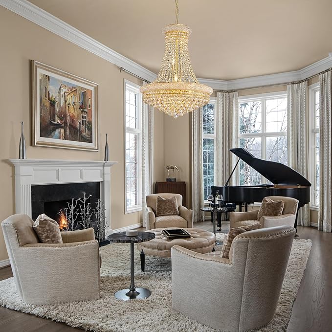 11-Light Empire Crystal Chandelier Light Fixture, Modern Crystal Chandeliers Empire Style K9 Chandeliers Gold Finish Luxury Chandelier for Living Dining Room Bedroom Stairway Foyer Hallway D24"