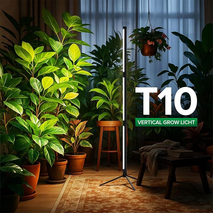 SANSI T10 Standing Grow Lights for Indoor Plants, Vertical Grow Light 4.4FT | PPFD 307 Plant Light 144 LEDs Full Spectrum, Adjustable Three-Stage, 5 Dimming, Timer 3/6/12h, 4000K, Wide Coverage Growth