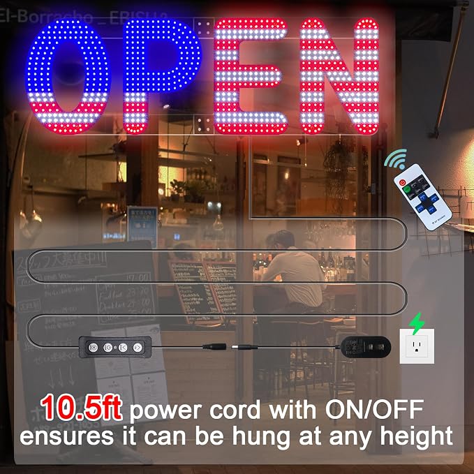 40"x14" Open Sign, LED Open Sign for Business with Remote Control, Ultra Bright Dimmable with 3 Scene Modes, Large Illuminated Sign for Storefront Window, Cafe, Bar, Restaurant, Salon (US Flag Design)