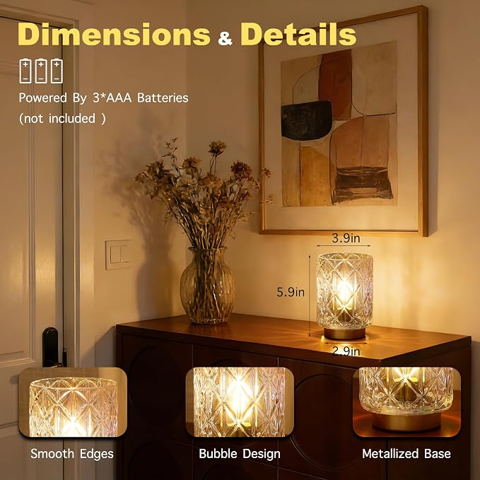 2 Pack Battery Operated Lamp,Cordless Samll Battery powered Accent Lamp with Timer for Bedside,Warm White Cozy Ambient Decorative Table Lamps for Shelf/Cubicle/Entryway/Table Decor(Iridescent Clear)