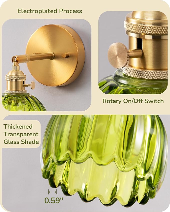 EDISHINE Vintage Brass Wall Sconces with Adjustable Green Tulip Glass Shade | Hardwired, 180° & 270° Adjustable, Rotary Switch, Vintage & Modern, E26, Ideal for Bathroom, Bedroom, Hallway