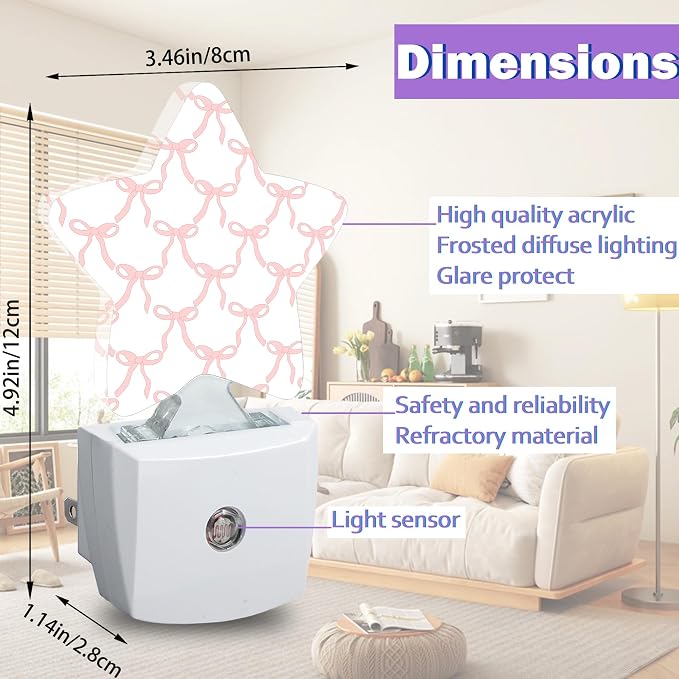 Pink Bow Night Lights Plug Into Wall,Girls Princess Dusk to Dawn Light Sensor Night Light for Kids, Energy Efficient Sleep Friendly Lamp for Bedroom Bathroom Nursery