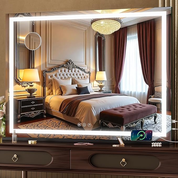 Hasipu Vanity Mirror with Lights, 32" x 24" LED Makeup Mirror, Lighted Makeup Mirror with Dimmable 3 Modes, Touch Screen Control Vanity Mirror Square Black