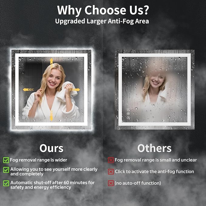 30"x32" LED Bathroom Mirror with Lights, Anti-Fog, Backlit+Frontlit | CRI 95, Stepless Dimmable, 3 Colors Lighting, Shatterproof Tempered Glass, HD Reflection, Memory, (Horizontal/Vertical)