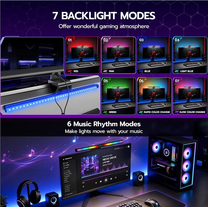ARES WING Monitor Light Bar with Music Sync, 2-Bar 3-Source RGB Lightbar | 7 Modes Gaming Backlight, CCT Adjustable & Stepless Dimming Fronlight, Eye-Care Computer Light, USB Desk Lamp for Home Office