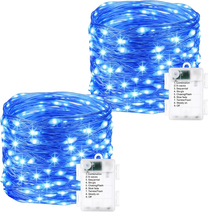 2 Pack Fairy Lights Battery Operated - 16.4ft 50 LED Blue | Starry Fairy Lights , 8 Modes Waterproof with Timer for Indoor Outdoor Bedroom Party Holiday Christmas Decor, Copper Wire