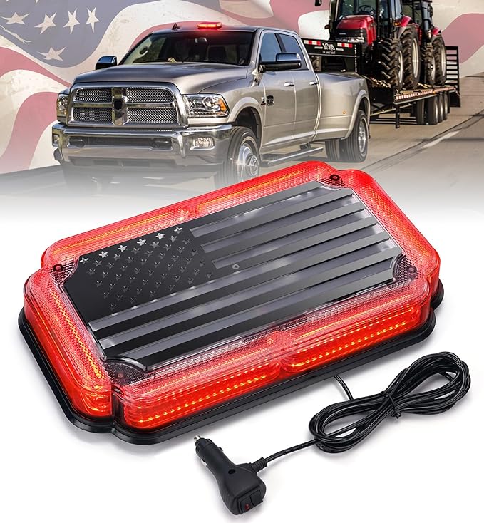 Xprite 108 LED Roof Top Strobe Light, US Flag Pattern Firefighter Flashing Light, Emergency Safety Warning LED Mini Strobe Lightbar w/Magnetic Base for Fire Trucks EMS Ambulances Police Vehicle, Red