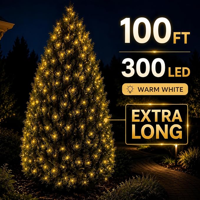 100FT 300 LED Solar Fairy Lights Outdoor Waterproof, Warm White | 8 Modes Solar Copper Wire Twinkle Lights with 6.5FT Lead Wire, Auto On/Off for Patio, Garden, Tree, Fence & Christmas Decor