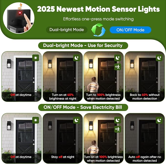 2-Pack 10.6” Upgraded Motion Sensor Outdoor Wall Lights, Black | Auto ON/OFF, 3 Lighting Modes, Waterproof, Rust-Resistant, Durable Metal & Clear Glass, Standard E26 Sockets, Easy to Install