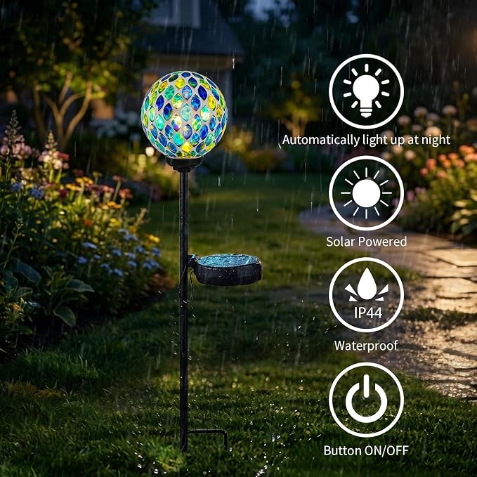 VCUTEKA Decorative Solar Garden Lights, 3.5" Mosaic Globe Outdoor Stake | Mosaic Glass Globe Design, Solar LED Light, Waterproof Design, Auto On/Off and Metal Stake Design for Lawn and Patio
