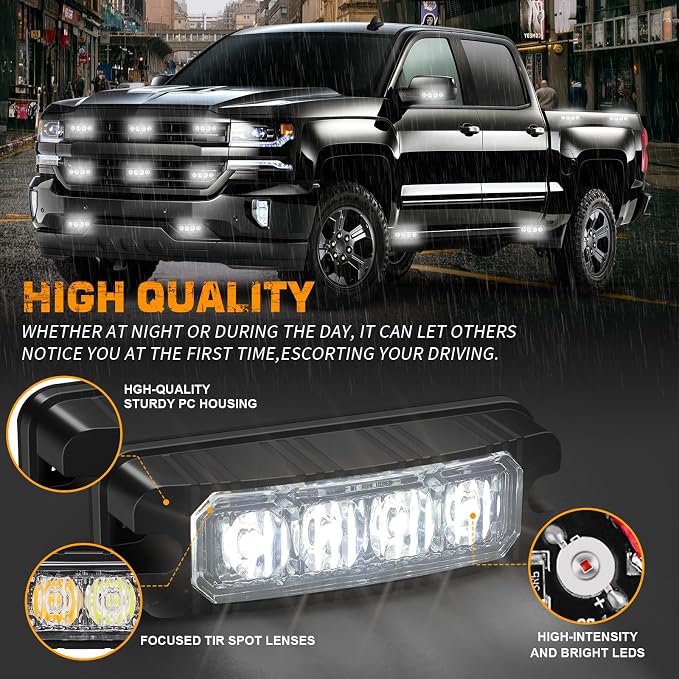 8PCS Sync Grill Emergency Lights 32 LED White Strobe Lights | Grille Surface Mount Warning Safety Hazard Caution Light for Tow Plow Trucks Construction Vehicles, Car, ATV, UTV, Motorcycle