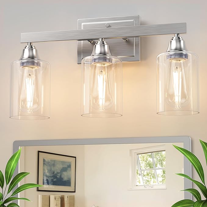 VOLISUN Brushed Nickel Bathroom Light Fixtures, 3-Light Bathroom Vanity Light Over Mirror, Modern Vanity Lights for Bathrooms, Bathrooms Lights Fixtures Over Mirror with Clear Glass Shades
