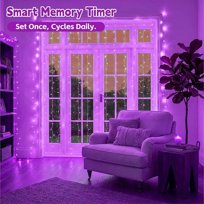 Curtain String Light, 200LED 6.6x6.6ft, Remote & 8 Modes, USB | Window Wall Hanging String Lights, For Bedroom, Wedding, Party, Home, Garden and Indoor Decorations, Purple