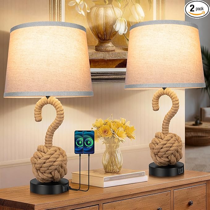 22" Rope Lamp Set of 2, Boho Table lamps for Night Stands, 3-Color Temperatures Rattan Lamp with Rotary Switch USB Ports, Boho Lamps for Bedrooms, Farmhouse Lamps for Living Room, 2 Bulbs Included