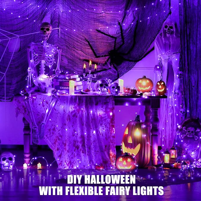 JMEXSUSS 2 Pack Halloween Fairy Lights Battery Operated, Total 200 LED 66ft | Purple, Christmas Lights with Remote, 8 Modes Twinkle String Lights for Halloween, Tree, Mantel, Indoor, Outdoor Decorations