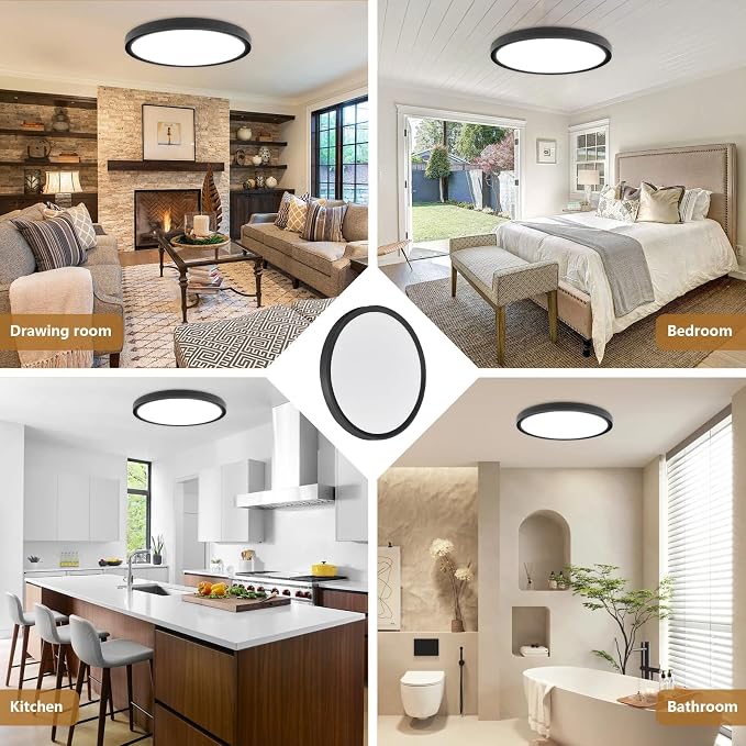 6PK 9 Inch LED Flush Mount Ceiling Light, 18W, 1860LM, 3000K/4000K/6000K CCT Selectable,Super Slim LED Ceiling Light Fixtures, Low Profile Round Flat Panel Light for Bedroom,Kitchen,Hallway,Black