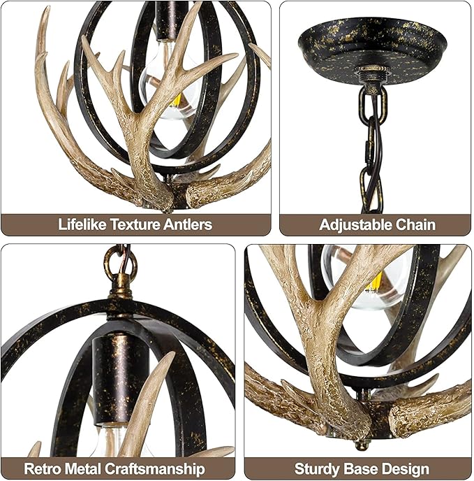 Rustic Antler Chandelier, 14" Farmhouse Chandelier with Resin 4 Antlers and Retro Metal Globe Chandelier Vintage Style for Dining Room, Kitchen, Hallway, Pendant Lights