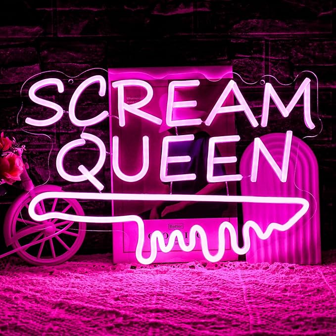 Scream Queen Neon Sign for Wall Decor Dimmable Neon Knife Sign for Teen Girl Room Pink LED Letter Neon Sign Room Dorm Art Wall Decor (16.5''*11'')