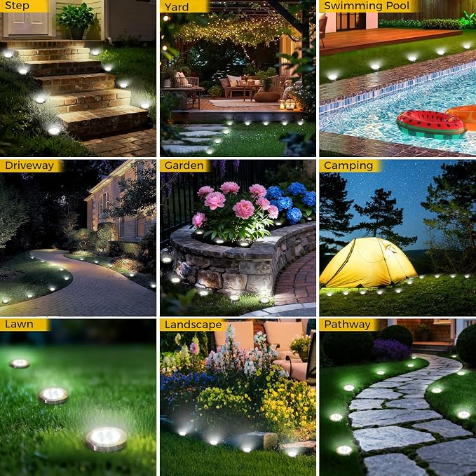 20 Pack Solar Ground Lights Outdoor, 8 LED Mini Flat Solar Disc Lights, IP65 Waterproof Pathway Lights Solar Powered, Landscape Lighting for Garden Walkway Driveway Yard Lawn,Cool White
