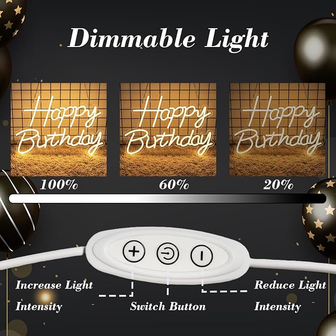 Happy Birthday Neon Sign for Backdrop, LED Happy Birthday Light Up Sign, USB Powered Dimmable Neon Light for Birthday Party Decorations, Wall Decor, Warm White, 16.5 x 12 inch