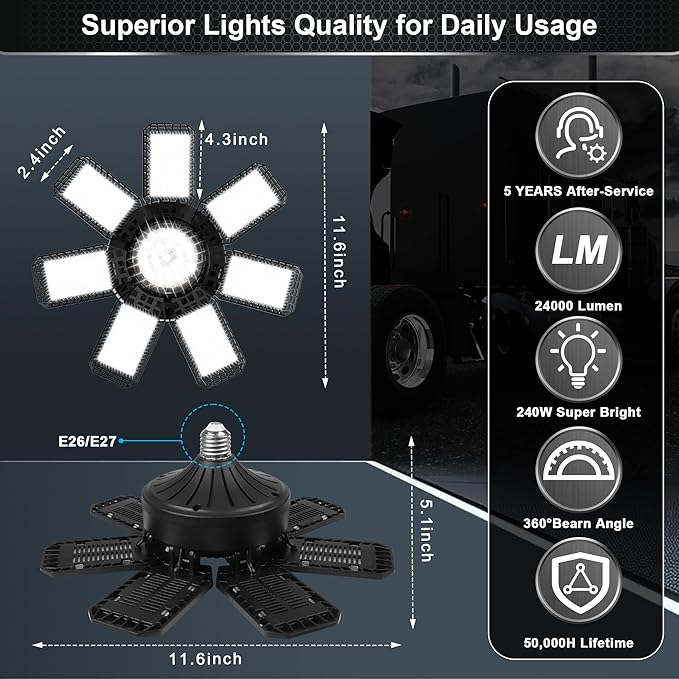 6 Pack LED Garage Light, 240W 24000LM 6500K LED Shop Lights, Garage Lights Ceiling Led with 7+1 Deformable Panels, E26/E27 Bulb Socket Lighting for Shop, High Bay, Attic, Basement, Warehouse