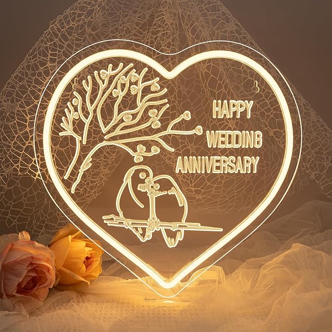 Lucunstar Wedding Neon Sign Happy Anniversary LED Sign for Wall Decor Valentines Day LED Light Love Signs Heart Decor in Wedding Party Bedroom Home Love Gifts for Couple in Anniversary Party