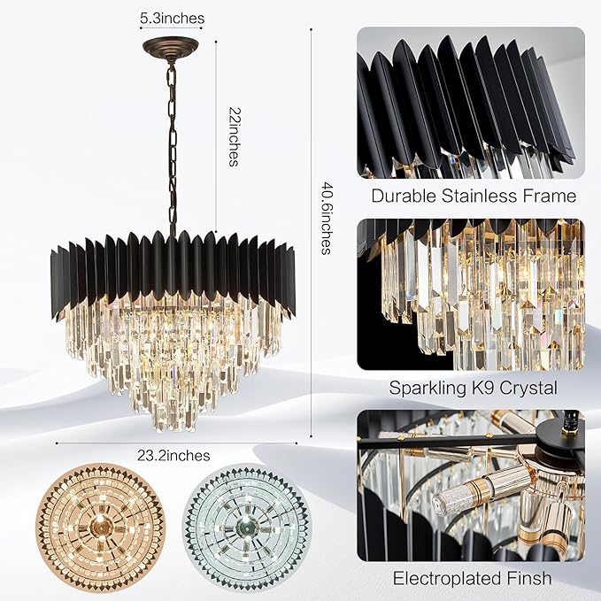 24" Modern Black Crystal Chandeliers 5-Tier 10 Lights Ceiling Light Fixture K9 Crystal Hanging Pendant Ceiling Light for Dining Room Living Room Bedroom Entryway