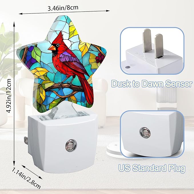 Cardinal Bird Night Light,Christmas Stained Glass Plug-in Star Night Lights with Dusk-to-Dawn Sensor for Bedroom,Bathroom,Living Room Sleep Friendly Lamp for Women Girls Boys Gift,0.5W