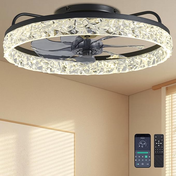 Ceiling Fans with Lights and Remote Fandelier - White 20'' Flush Mount Low Profile Modern Ceiling Fans for Bedroom - Stepless Color Temperature and 6 Speeds, White