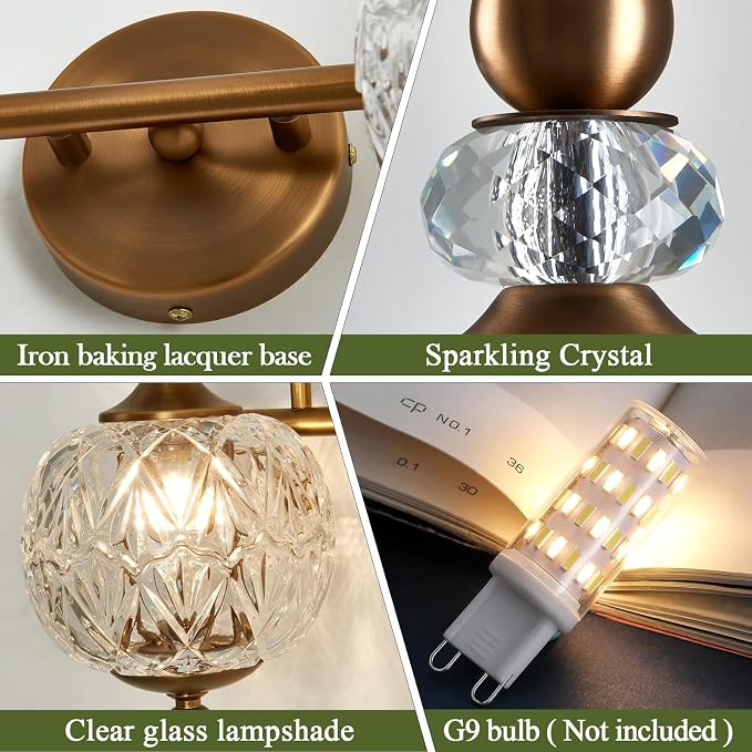 Piepooye Vintage Bathroom Light Fixtures Gold Vanity Light with Glass Globe LampShade 2 Lights Mid Century G9 Bulb Wall Sconce Indoor Vanity Light Over Mirror for Bedroom Farmhouse Hallway