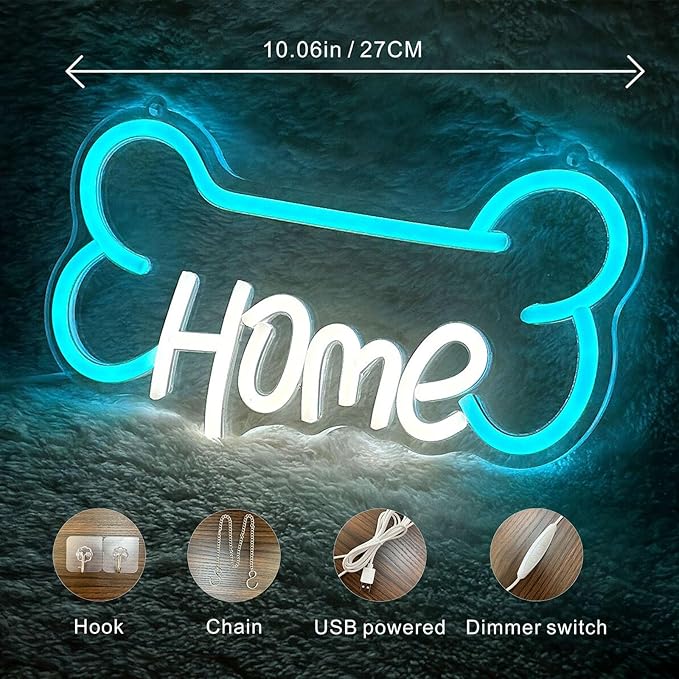 Pet home neon sign - Bone Shaped LED Light "HOME" with Dimmable USB Power, Dog Gifts & Dog Crate Accessories for Pet Room Decor, Safe Silicone & Acrylic Pet Neon Signs for Animal Lovers
