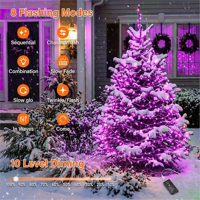 ZSJWL Rechargeable Fairy Lights with Remote，66ft 200 LED Outdoor Battery String Lights with DIY Timer & Light Sensor, Waterproof Dimmable Twinkle Light for Tree Christmas Indoor, Purple