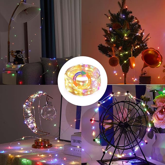 Ariceleo 2 Packs Warm White & Multi-Color Battery Operated String Lights, 5M/16.4ft. 50 LEDs Remote Control Timer 12 Modes Optional Twinkle Battery Powered Fairy Lights Sliver Wire Firefly Lights