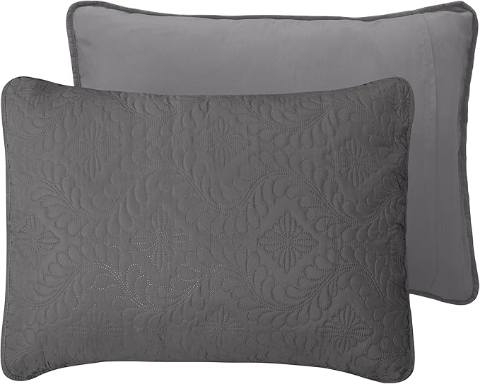 Easy-Going Twin Size Reversible Quilt Set with 1 Quilt and 1 Pillow Sham, Soft Bed Quilt Cover, Water Resistant Lightweight Microfiber Bedspread, Stain Resistant, Olive Leaf-Gray/Light Gray