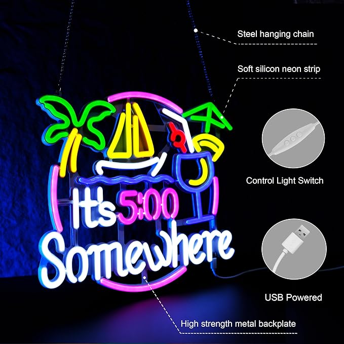 It's 5:00 Somewhere Neon Sign, 14x14 Inch Cocktail Theme LED Light with Dimmable Switch for Party and Home Decoration