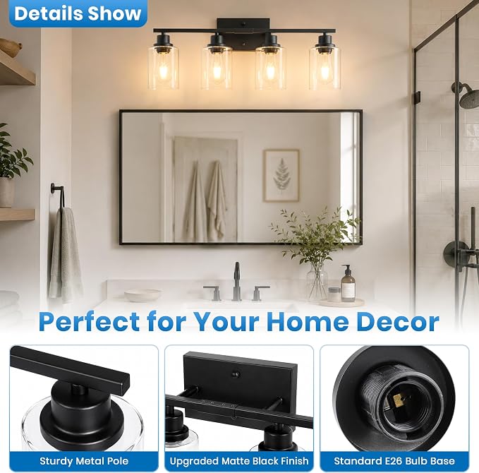 Ascher 4 Light Bathroom Light Fixture, Matte Black Bathroom Lighting Fixtures Over Mirror, Vanity Light with Clear Glass Shade, Wall Sconce for Living Room Bedroom Cabinet, E26 Base