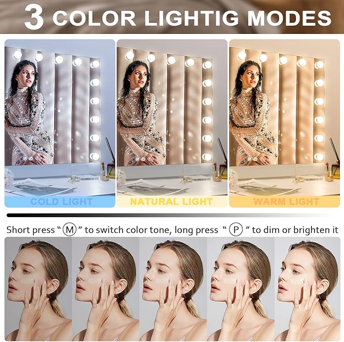 Hansong 32x23'' Large Vanity Mirror with Bluetooth Selfie Control, Ultra Thin Hollywood Mirror with 18 Bulbs, Makeup Mirror with 3 Color Lights and Phone Holder, Tabletop Mirror or Wall Mount