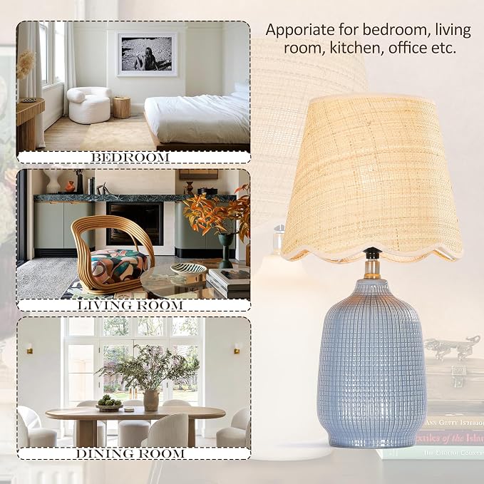 Set of 2 19" Modern Ceramic Table Lamp for Living Room Gray Blue Base Desk Lamps for Bedroom Farmhouse Bedside Nightstand Lamp End Table Lamps,Bule,Rattan Shade