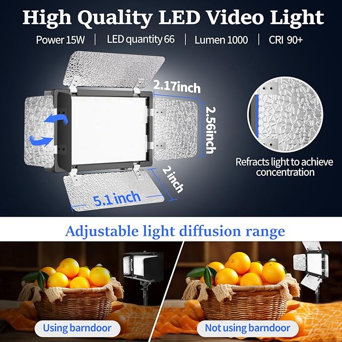 2 Pack LED Video Photography Lighting Kit with 54'' Tripod Stand, Dimmable 5600K USB Studio Lights with Barndoor -9 Color Lighting for Video Recording, Photo Studios, YouTube, TikTok, Game Streaming