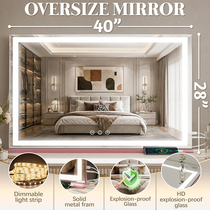 FENNIO Large Vanity Mirror with Lights，40" x 28"Makeup Mirror with Lights，Hollywood Mirror with 3 Color Modes & Adjustable Brightness，Vanity Mirror Square Pink