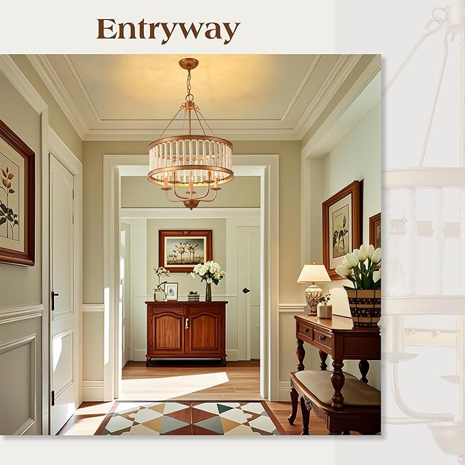 Farmhouse Chandeliers for Entryway Dining Room 5-Light Drum Pendant Chandelier Boho Wood Beaded Vintage Handmade Distressed Chandelier Retro Antique Gold Lighting Fixtures Hanging W19.7